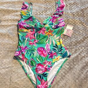 Vibrant Floral One Piece Swimsuit with Ruffled Straps